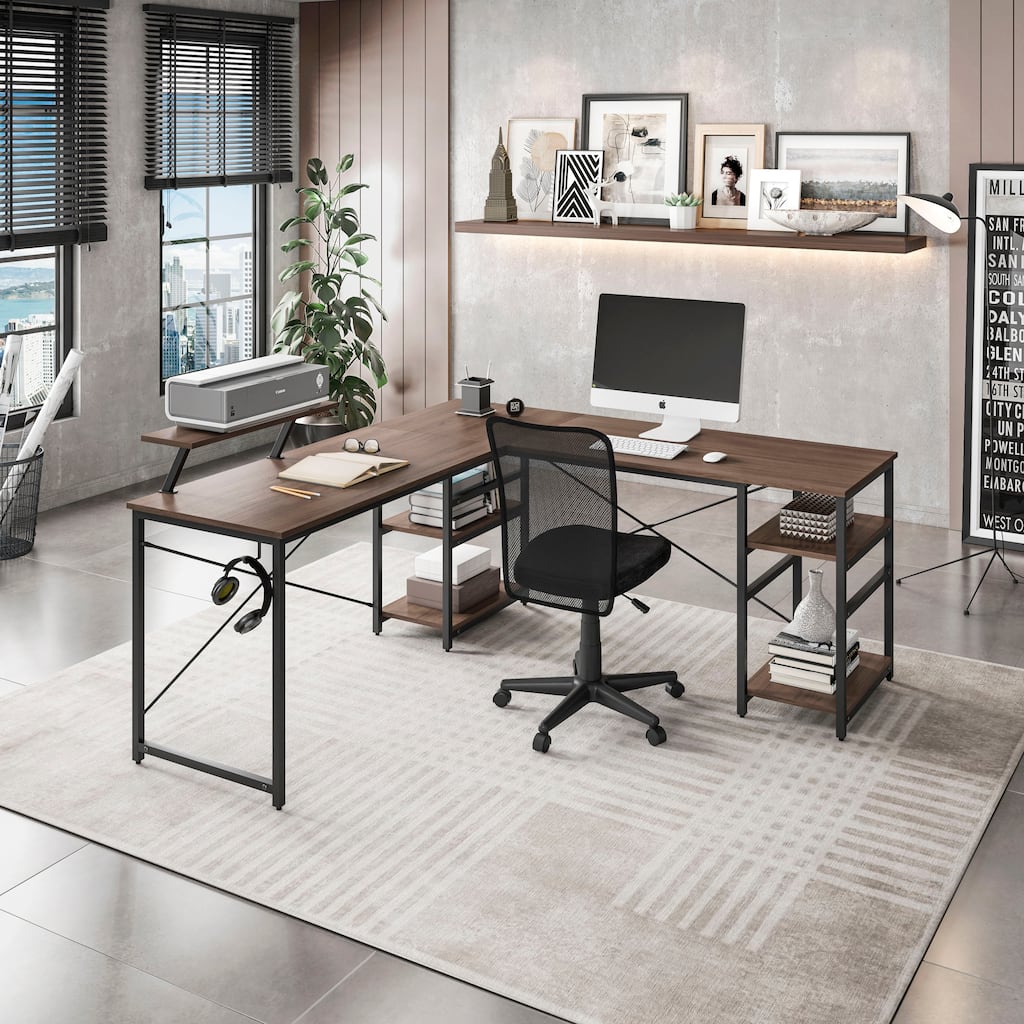 Versatile L-Shaped Computer Desk with Adjustable Shelves, Accessory Holder, and Scratch-Resistant Steel Frame