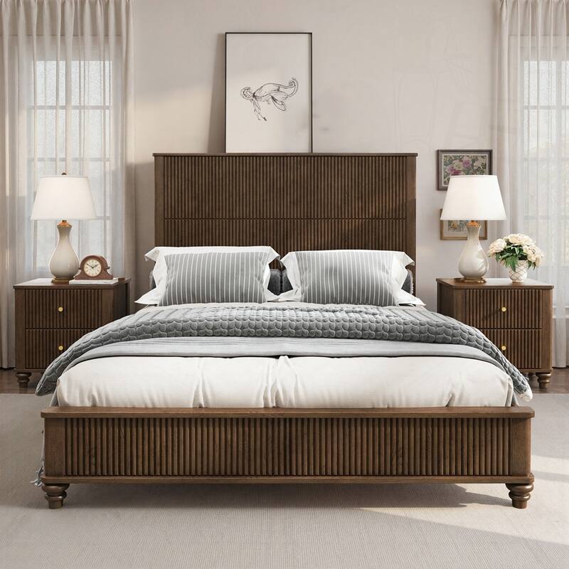 Solid Wood Bed Frame with Tall Headboard