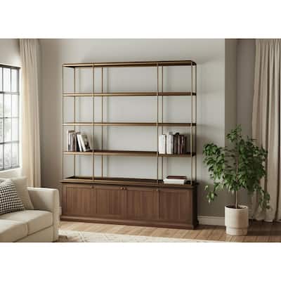 HomeRoots 82" Antiqued Brass And Brown Distressed Metal and Solid Wood Four Tier Bookcase with Four Doors