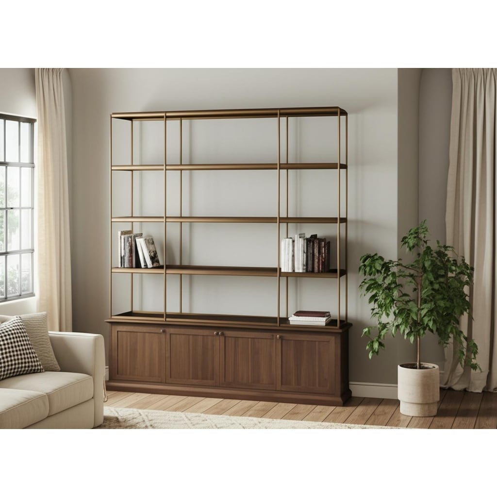 HomeRoots 82" Antiqued Brass And Brown Distressed Metal and Solid Wood Four Tier Bookcase with Four Doors