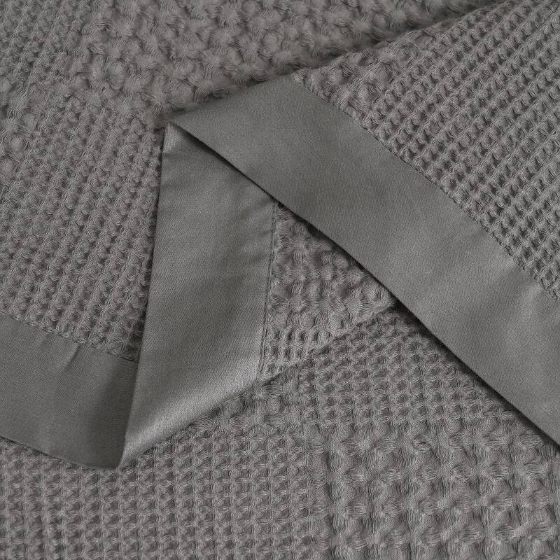 100% Cotton Waffle Weave Lightweight Bed Blanket, Cotton Sateen Bordered