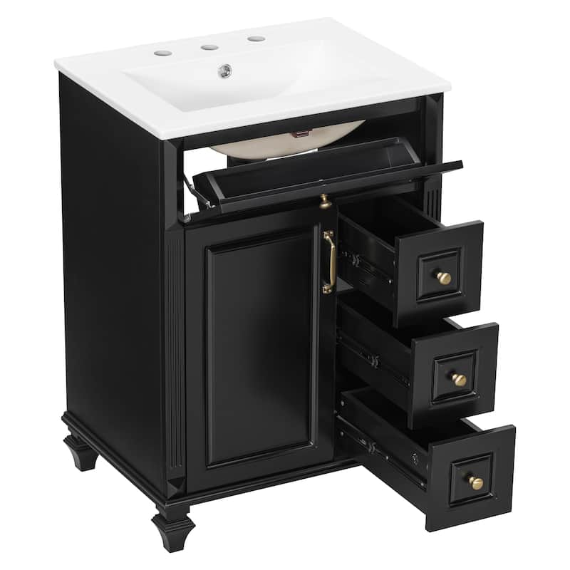 24" Freestanding Bathroom Vanity with Ceramic Sink, Flip-Out Drawer & 3-Drawer Cabinet, Solid Wood & MDF