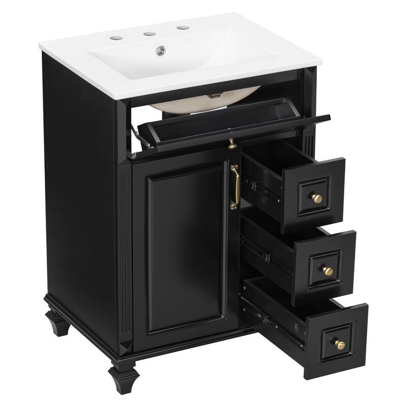 24"Bathroom Vanity with Sink, Freestanding Vanity Cabinet with Flip-Out Drawer, 3 Drawers & Storage Cabinet, Ceramic Sink Top