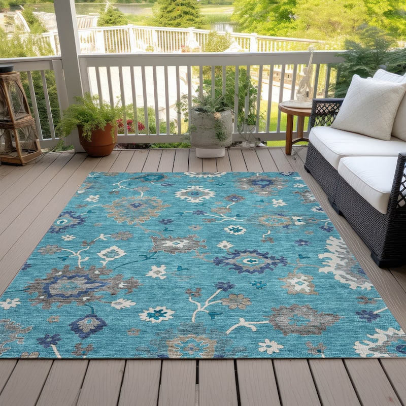 Machine Washable Indoor/ Outdoor Chantille Kashan Traditonal Rug - Teal - 8' x 10'