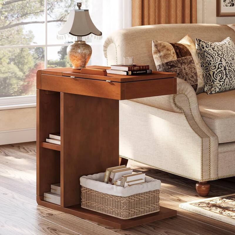 C-Shaped End Table with Adjustable Top, Sofa Chair Side Table with Open Storage Shelves