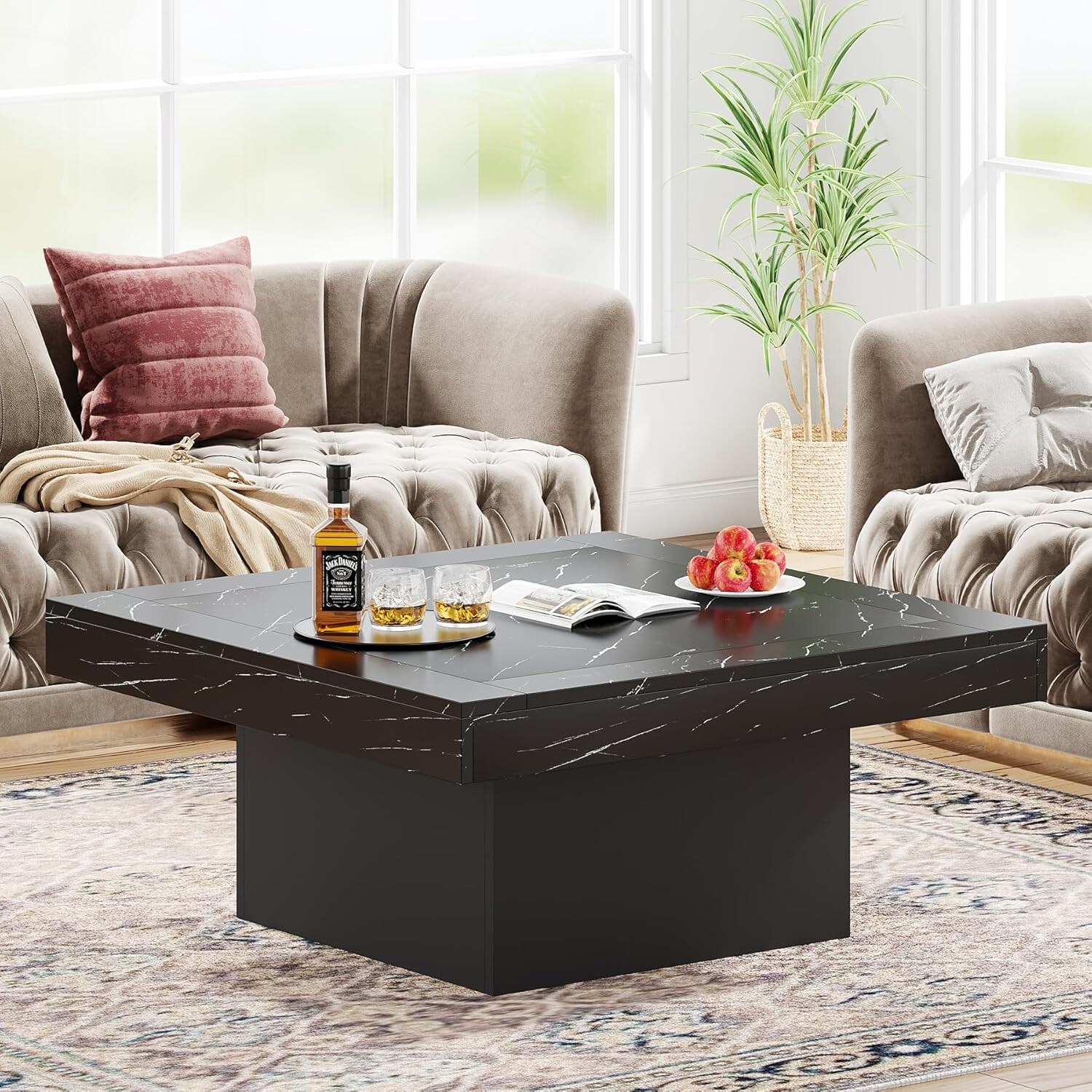 Modern Square LED Coffee Table, Low Center Table with Built-In