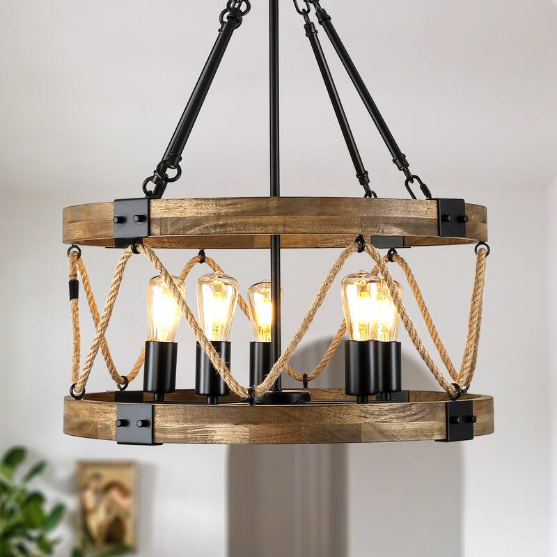 CurveCurio 20" Rustic Farmhouse Chandelier w/ Rope and Wood Accents, 5- Lights w/ Adjustable Hanging Chain - 20"*20"*11"