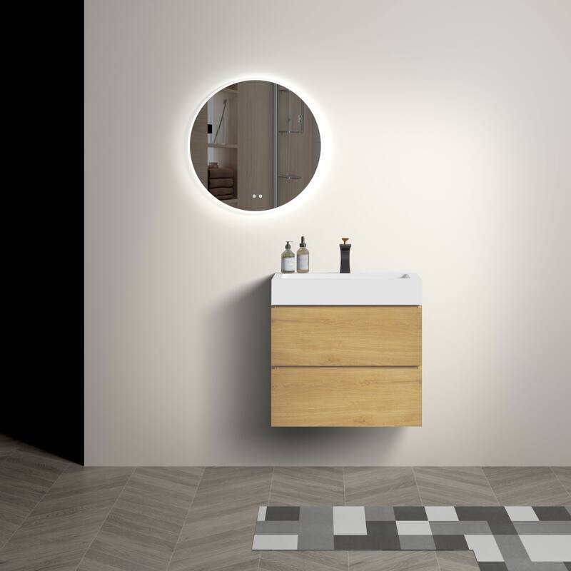 24"Bathroom Vanity with Sink,Wall Mounted Floating Bathroom Vanity,One-Piece Glossy White Sink Basin without Drain and Fauce