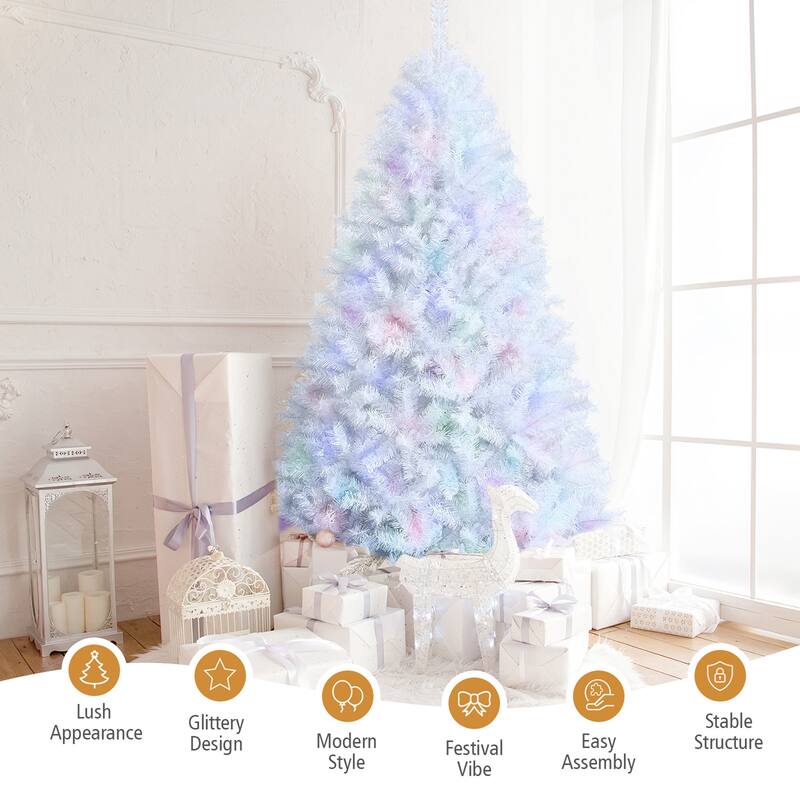 Gymax 6/7/8 FT White Artificial Christmas Tree Hinged Unlit Iridescent