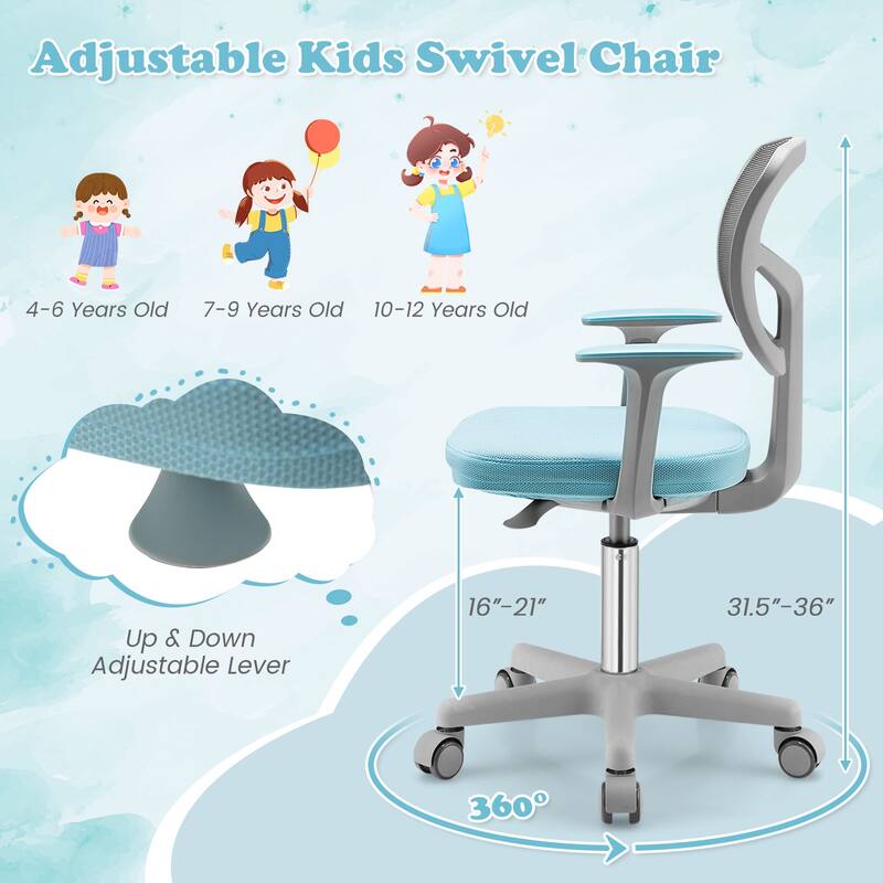 Kids Ergonomic Adjustable Height Study Chair with Swivel Seat and Mesh Backrest and Armrests