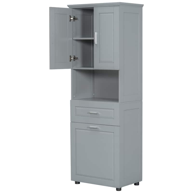 Waterproof Bathroom Cabinet with Tilt-Out Laundry Basket, Large Double Door Storage Cabinet with Adjustable Shelf and Drawer