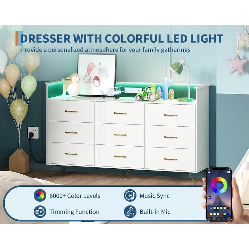 9-Drawer Dresser for Bedroom with Charging Station & RGB Lights
