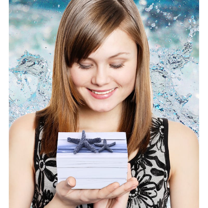 CoTa Global Ocean Blue Wooden Jewelry Box with Starfish Decoration - 4.3″Lx2.8″Wx2.8″H