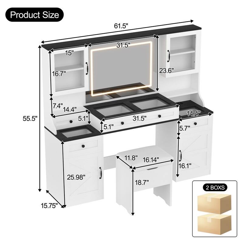Large Makeup Vanity Desk with Mirror & Lights, Glass Top Vanity Set with Charging Station & Cabinets, Dressing Table with Stool