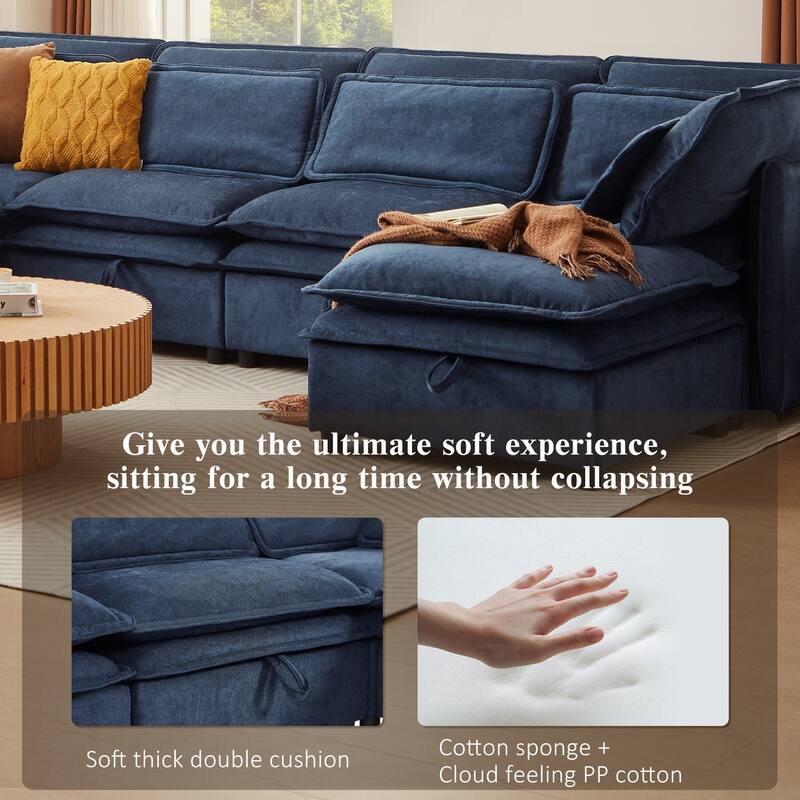 124.4" Polyester U-Shaped Modular Sleeper Sofa with Storage & Double-Layer Cushions