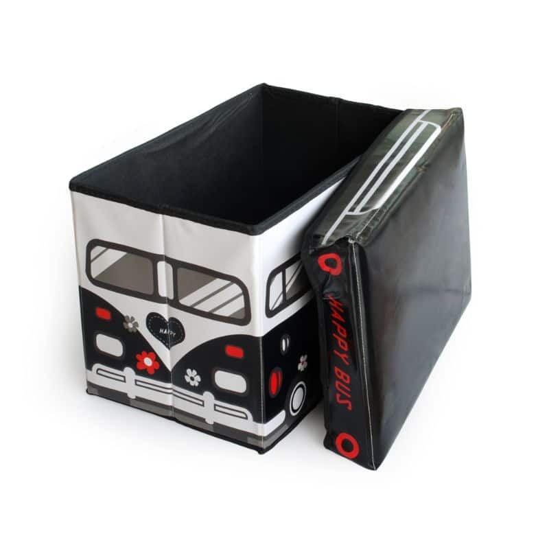 [Happy Bus - Black] Rectangle Foldable Faux Leather Storage Ottoman / Storage Boxes / Storage Seat