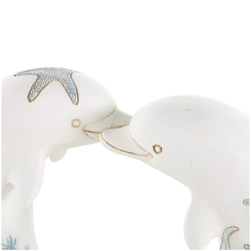 White Polystone Heart Shaped Dolphin Decorative Sculpture with Blue Coral Patterns