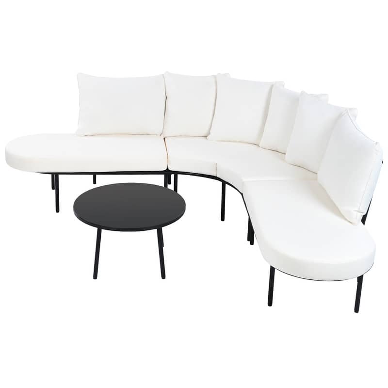 Patio Half-Moon Curved Sectional Sofa Set with Small Coffee Table, All-Weather-Used Iron Frame Outdoor Conversation Set