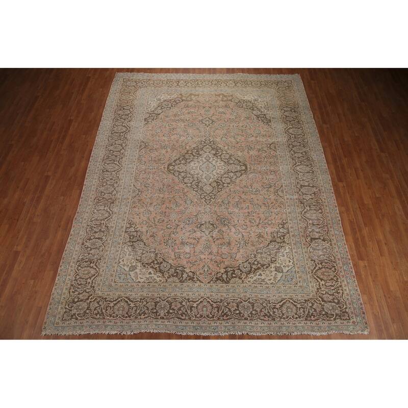 Hand Knotted Oriental 100% Wool Carpet Traditional Floral Pink Mashad Area Rug - 12' 6'' X 9' 10''