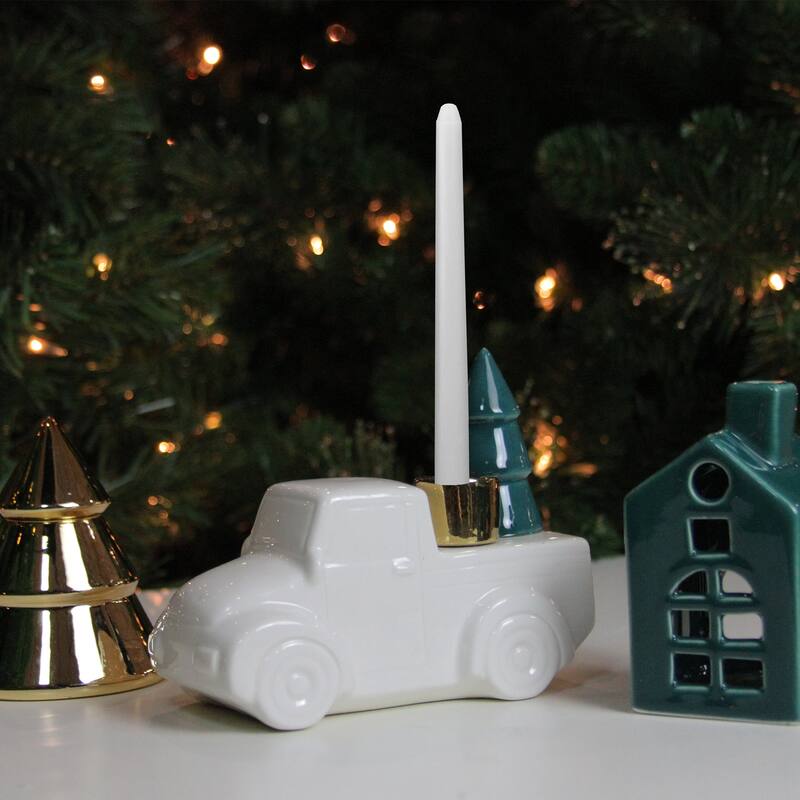 Ceramic Truck with Christmas Tree Taper Candlestick Holder - 6" - White