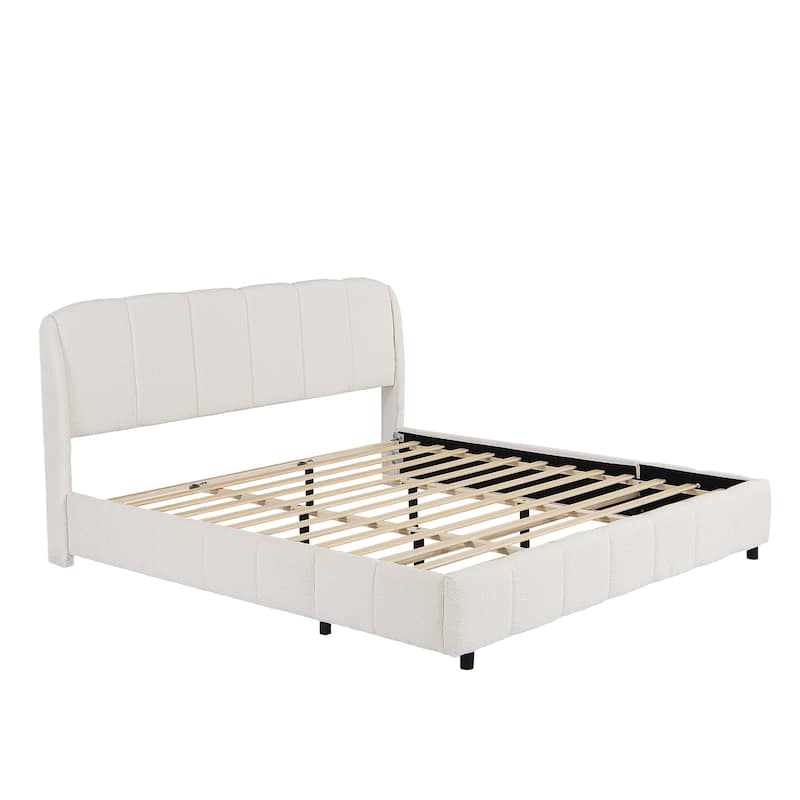 Boucle Fabric Upholstered Bed Frame with Curveshaped Thick Headboard, Soft Fluffy Wingback Bed, Beige Low Profile Platform Bed