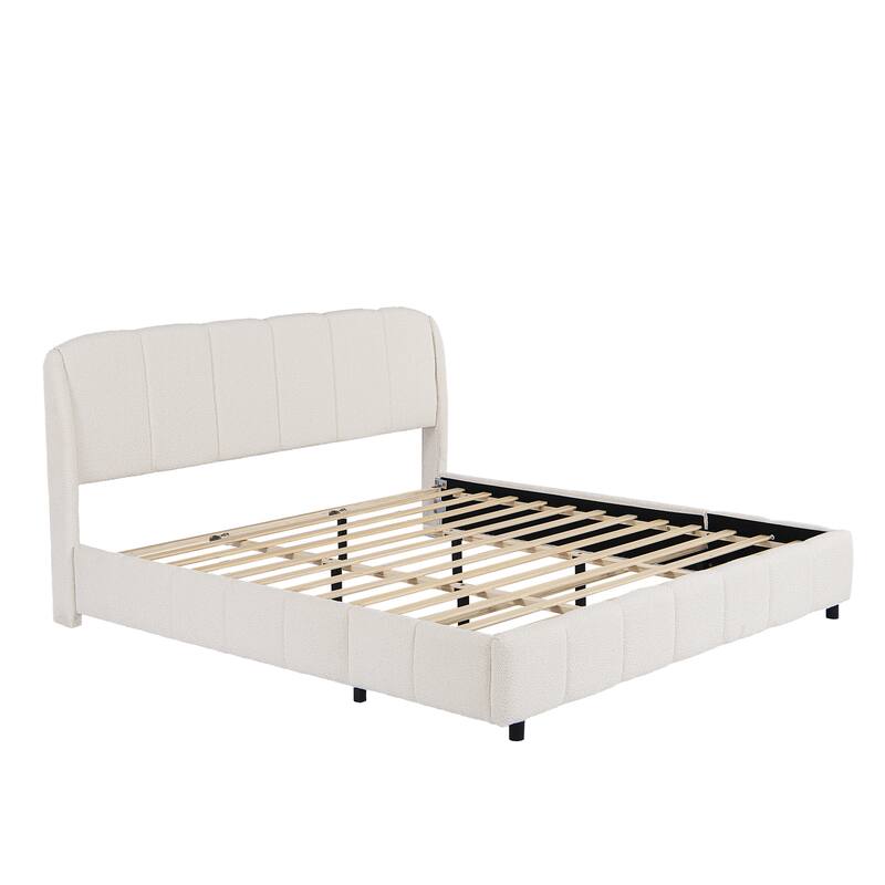 Roomfitters King Size Boucle Upholstered Platform Bed with Curved Headboard and Soft Rounded Frame, Beige