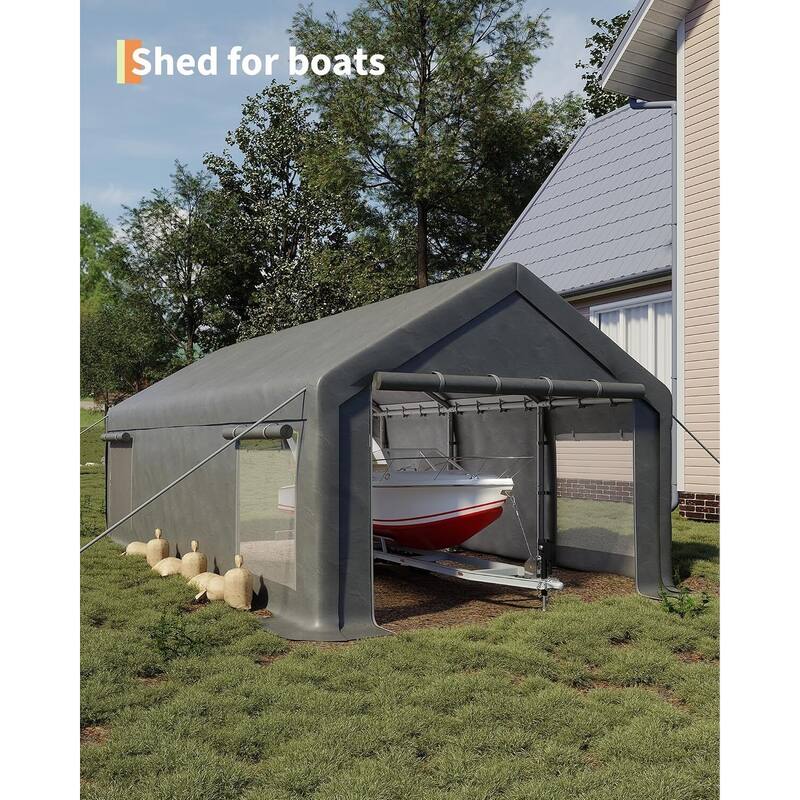 13x25 Ft Carport with 2 Roll-Up Doors, and 4 Windows for Bass Boats, Tractors, and SUVs - 13X25 Ft
