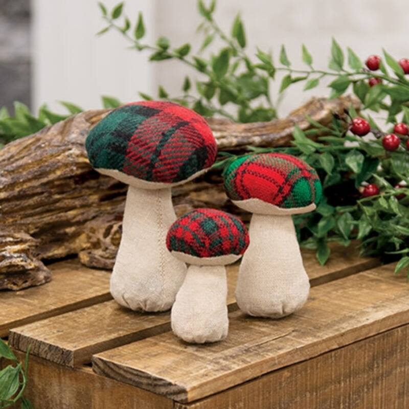 3/Set Stuffed Red and Green Plaid Mushroom Sitters Decor - 3.5” x 2.25”
