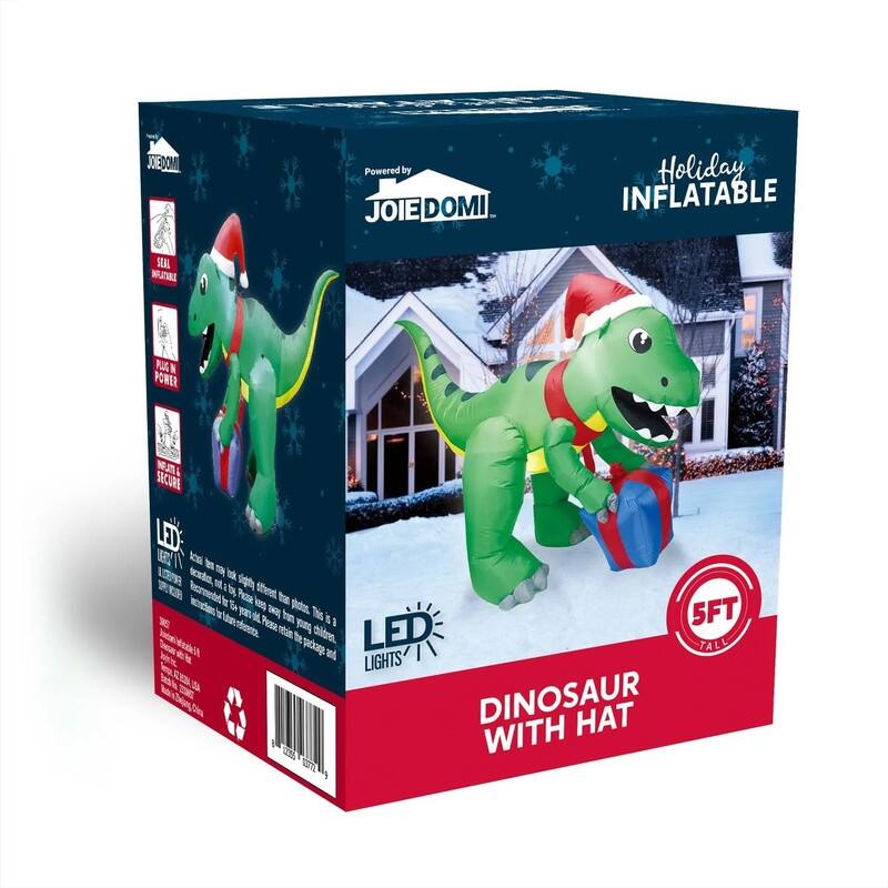 5 ft. Tall Green, Red & Blue Plastic Christmas Dinosaur with Hat Inflatable - Green