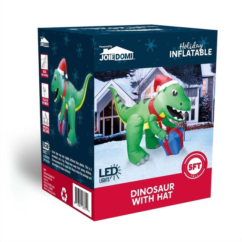 Joyfy 5ft Tall Dinosaur Inflatable with LED-lit Gift Box for Outdoor Xmas Décor