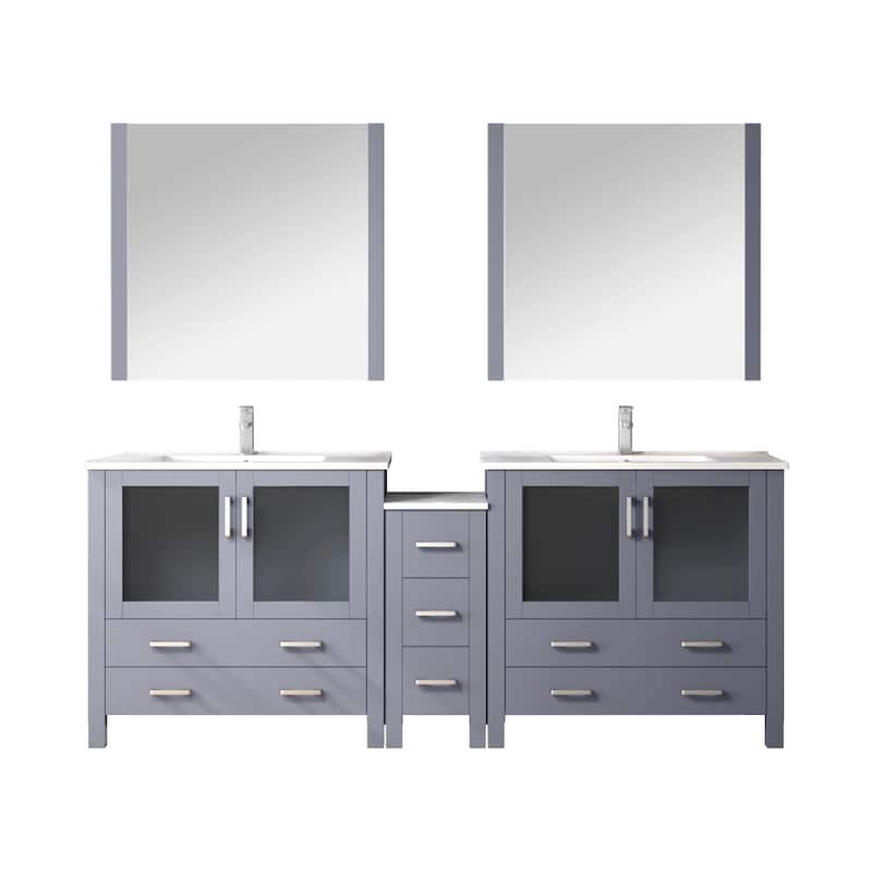 Volez Double Bath Vanity with Side Cabinet, Faucet Set, White Ceramic Top and Mirrors - 84 - Dark Grey