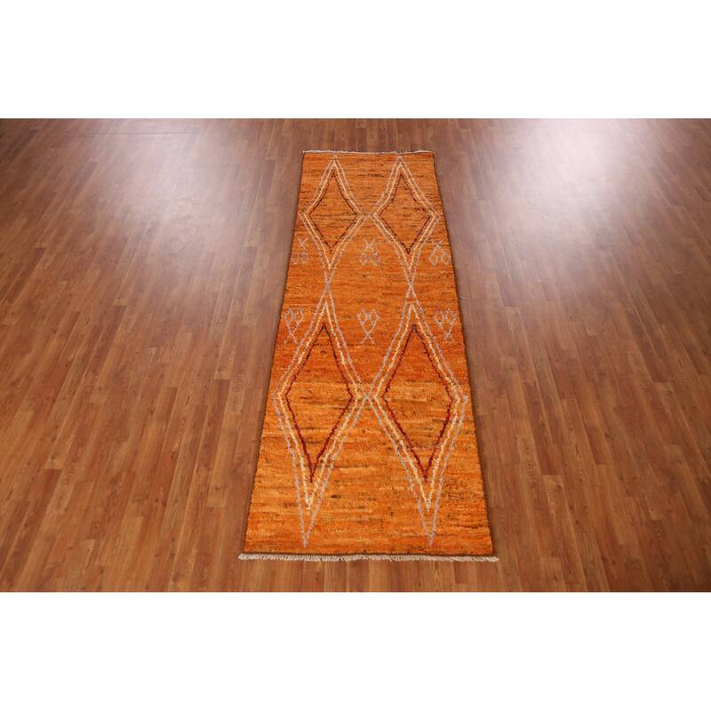 Orange Moroccan Runner Rug Handmade Tribal Wool Carpet - 3'3" x 9'8"