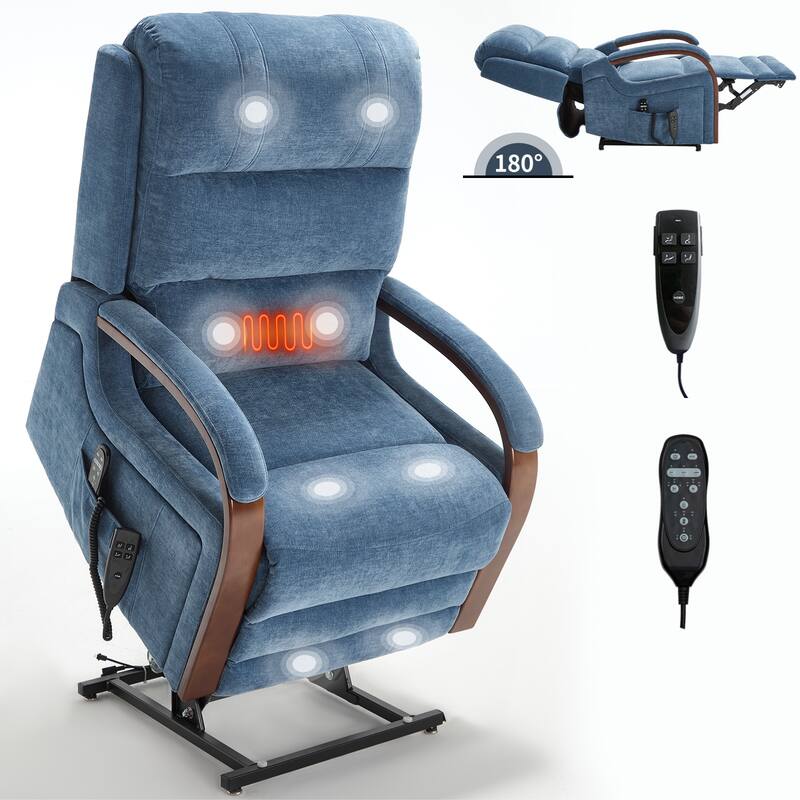 Dual Motor Power Lift Recliner Chair with Massage Heat and Wood Armrests