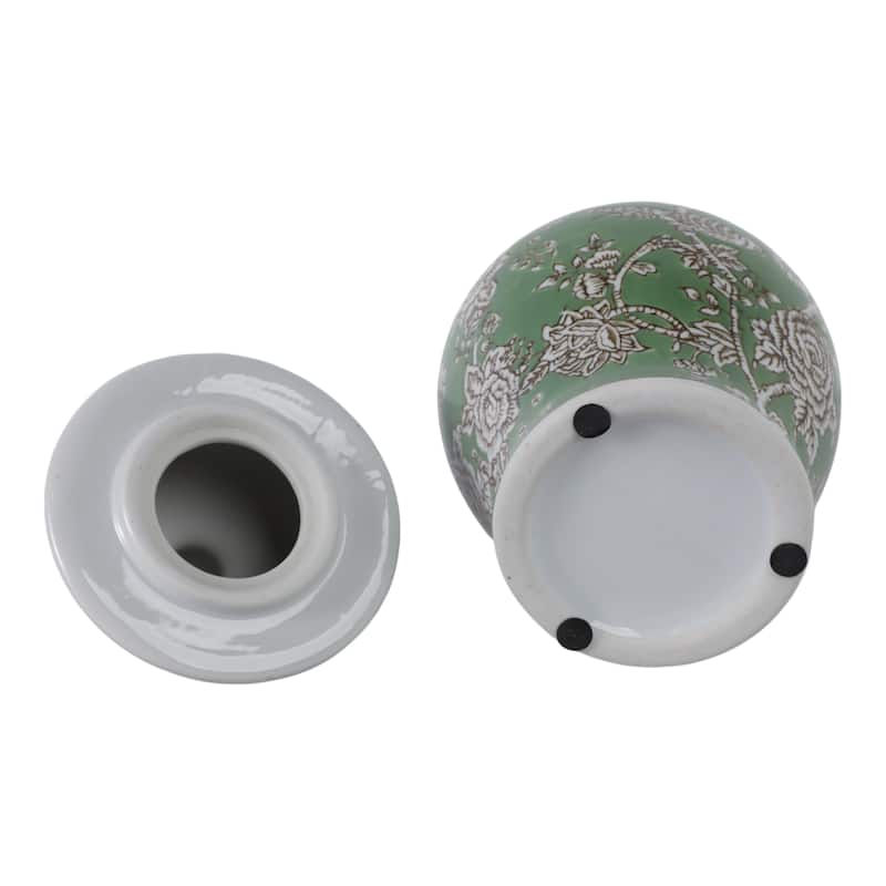 Ceramic Decorative Temple Jar Bird Flower with Lid for Home Decor