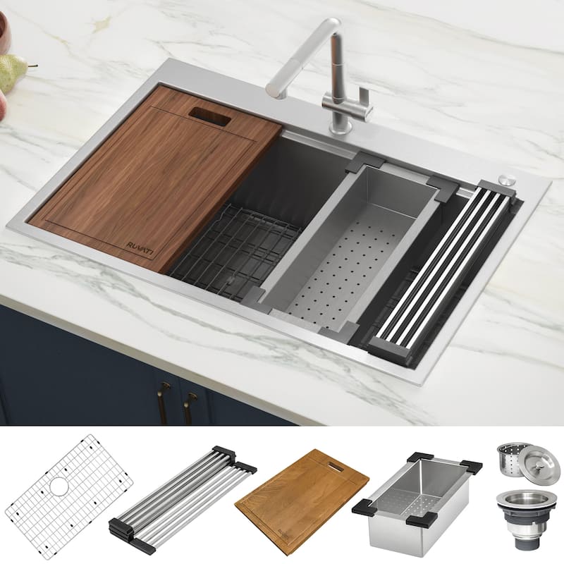 Ruvati 30 x 22 inch Workstation Drop-in Tight Radius Topmount 16 Gauge Ledge Stainless Steel Kitchen Sink Single Bowl -