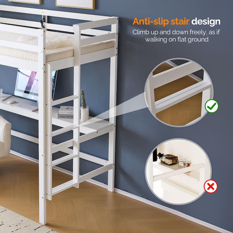Wood Loft Bed with Desk Twin Size with RGB LED for Adults, 2 Charging Station