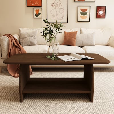 47 inch Modern Coffee Table with Storage, Double-Layer Rectangular Design with Rounded Corners