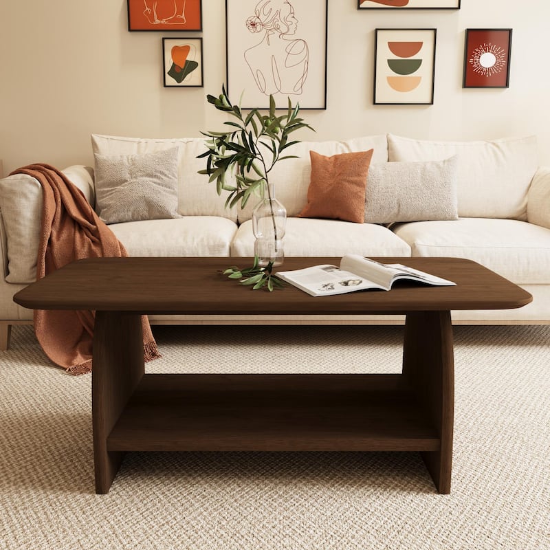 Modern Living Room Coffee Table, 47 Inch Double-Layer Rectangular With Storage Function, Safety Rounded Design, MDF Material - Wood