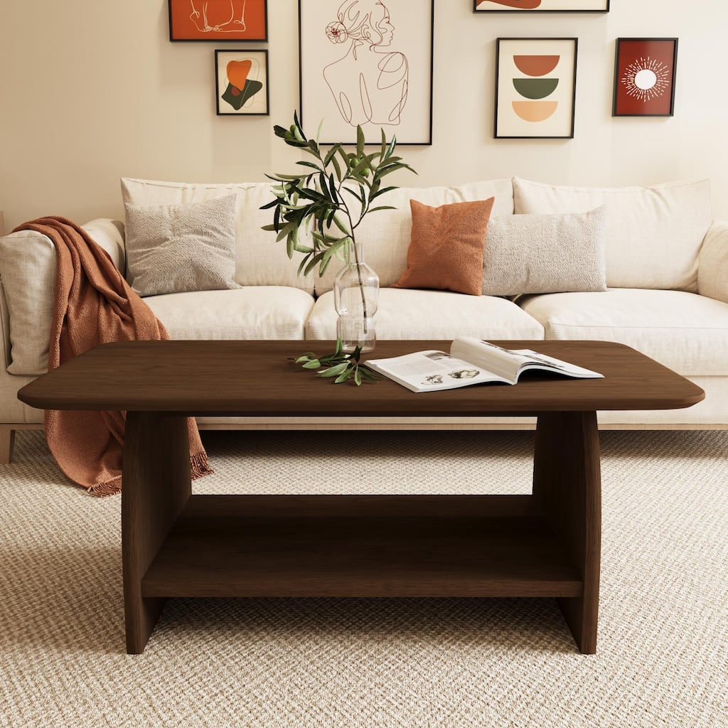 Modern Living Room Coffee Table, 47 Inch Double-Layer Rectangular With Storage Function, Safety Rounded Design, MDF Material