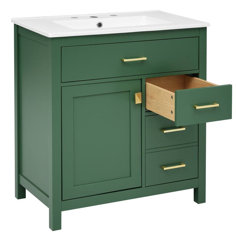 Compact 30-Inch Black Bathroom Vanity with Ceramic Sink, 3 Storage Drawers, Soft-Close Doors, Adjustable Shelf
