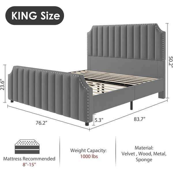 dimension image slide 5 of 6, Platform Bed Frame with 50.2" Headboard, Velvet Upholstered Bed Frame