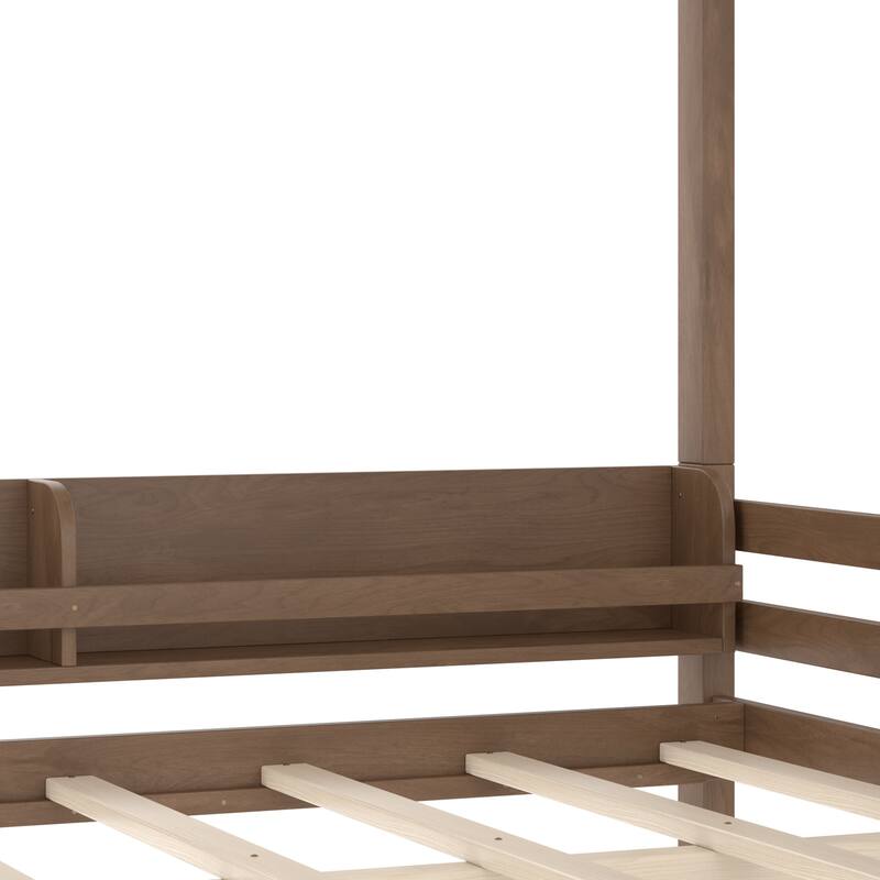 Full Bunk Bed With Storage Shelf and Bookshelf,Wood Bunk Bed with Ladder and Guardrails,Detachable Design