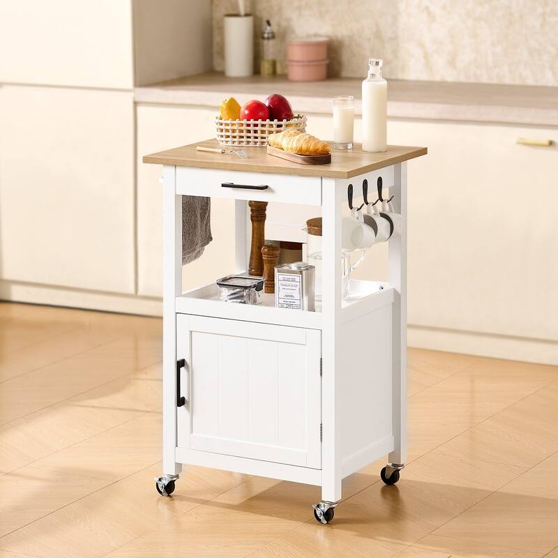 White Rolling Kitchen Island with Storage Drawers and Cabinet Towel Rack and Locking Wheels - 21.65"L x 17.71"W x 35.82"H