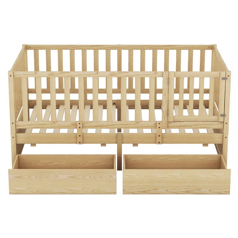 Modern Wood Daybed with Fence Guardrails and 2 Drawers