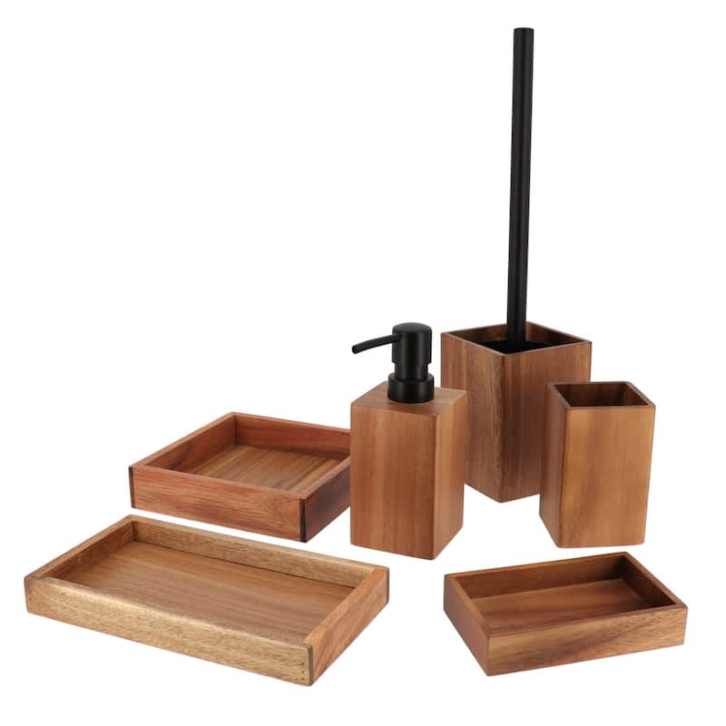 Acacia Wood Bathroom Accessory Set Collection - Set 6 Pieces