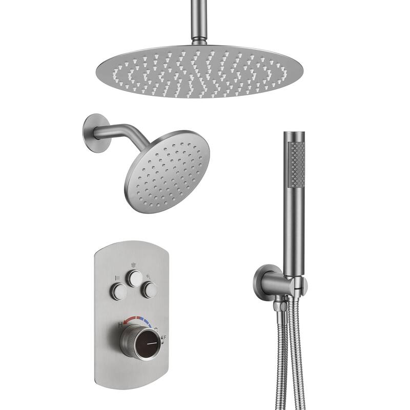 Pressure Balanced 3-Spray Patterns 2.5 GPM 12 in. Dual Shower Head Ceiling Mount Fixed and Handheld Shower Head - 12" x 12" - Brushed Nickel