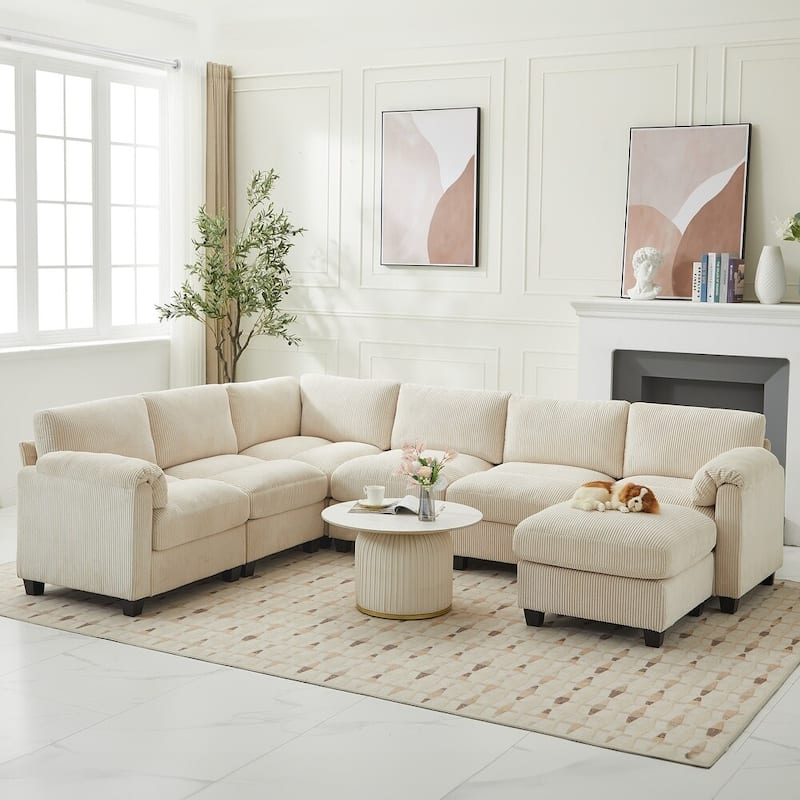 Multi-Seater Corduroy Sectional Sofa, Modular Settee, Included Removable Ottomans - 6 Seats & 1 Ottoman - Off White