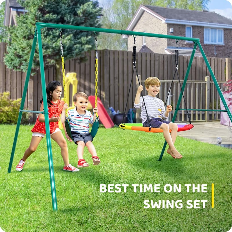 440lbs 2 Seat Swing Set for Backyard, 1 Saucer Swing Seat and 1 Belt Swing Seat with Heavy Duty A-Frame Metal Swing Stand