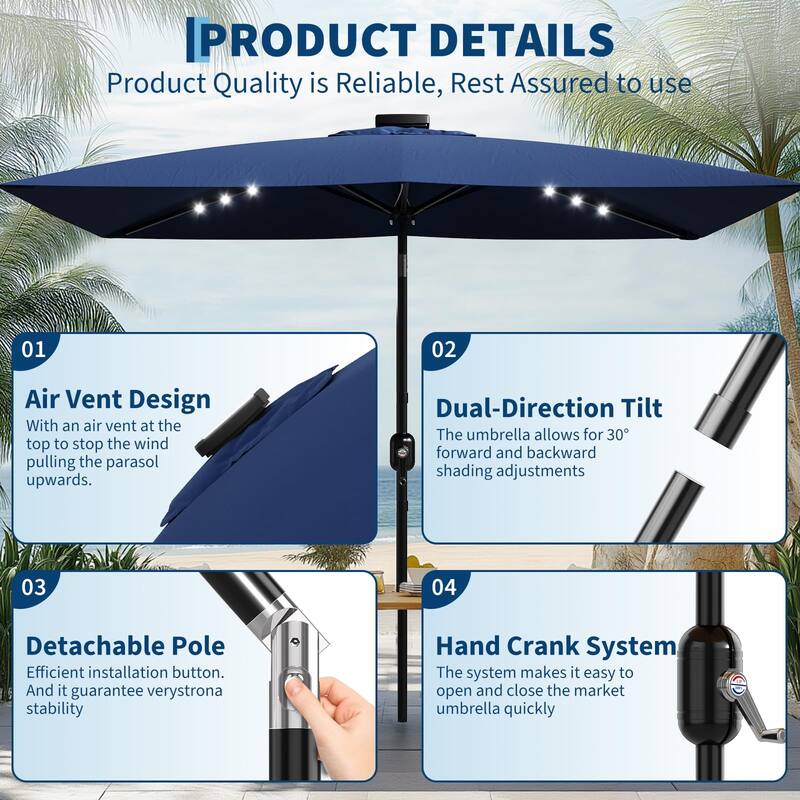 10 x 6.5 ft Solar Rectangular Patio Umbrella, with LED Lights