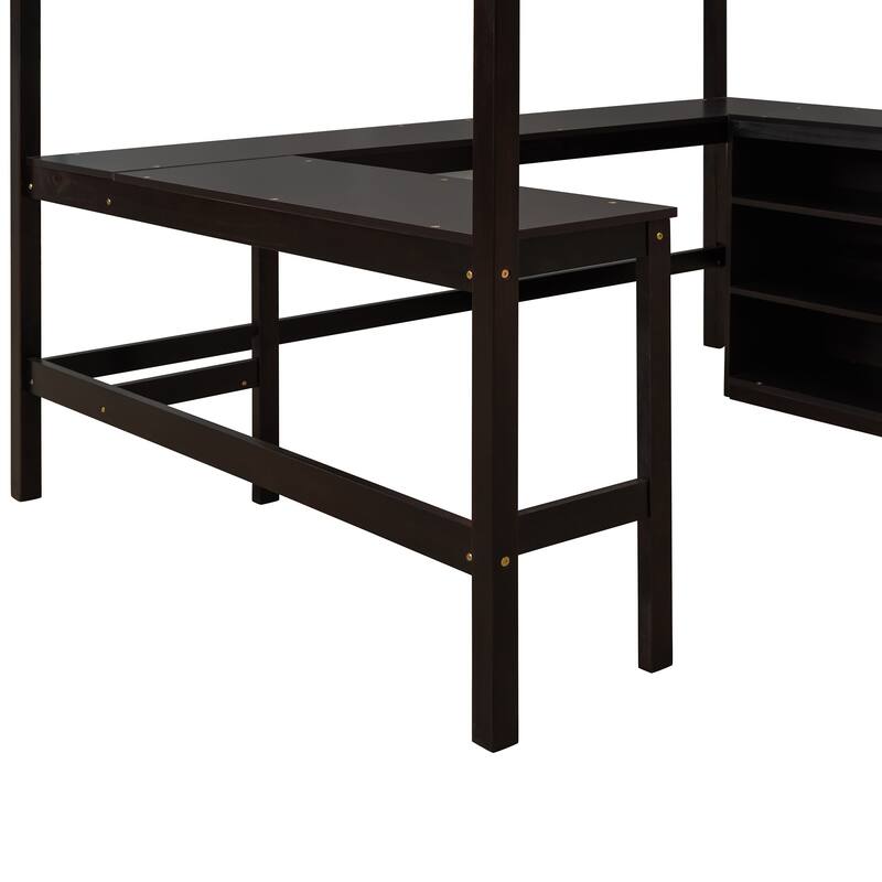 Space-Saving Full Size Loft Bed with Shelves and Desk in Espresso Finish
